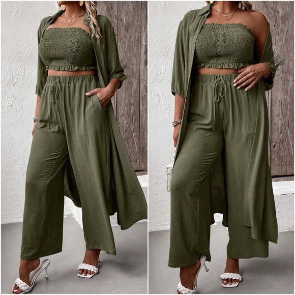 Pants - Plus Smocked Crop Top Wide leg Pants Open Front Jacket Set